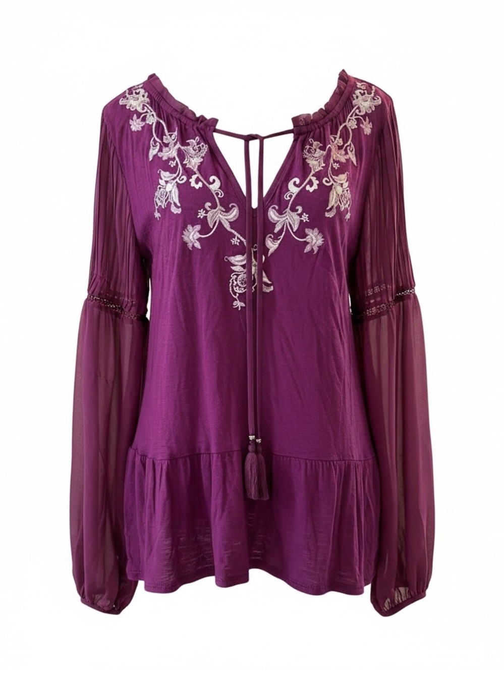 White House Black Market Deep Plum Embroidered Peasant Tunic